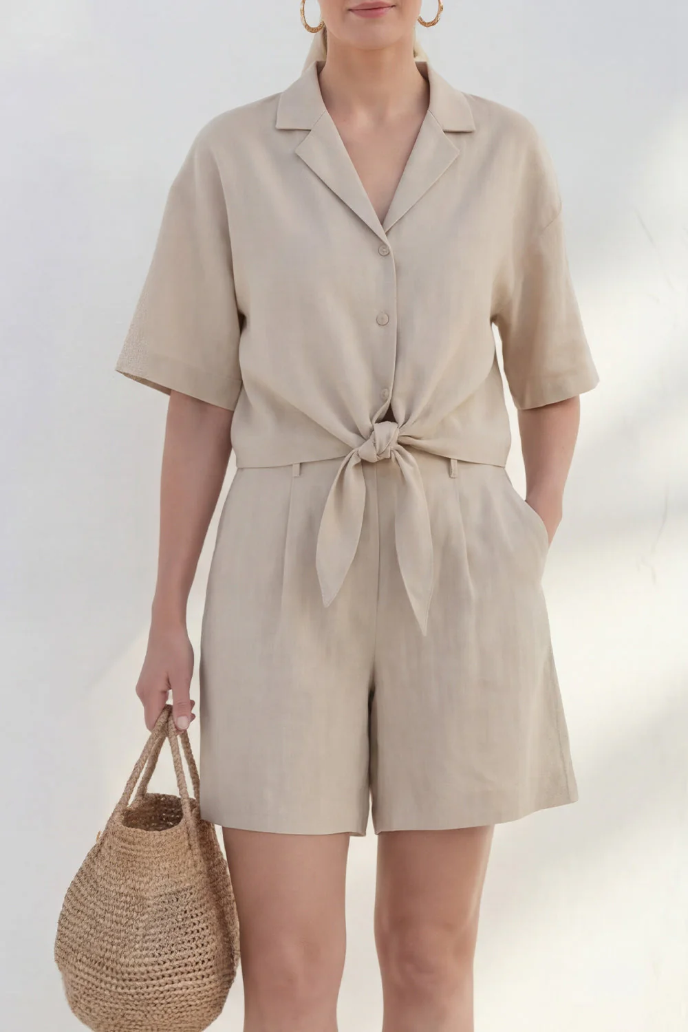 Khaki Notched Lapel Single Breasted Leisure Short Sleeves Women Suit - Image 3