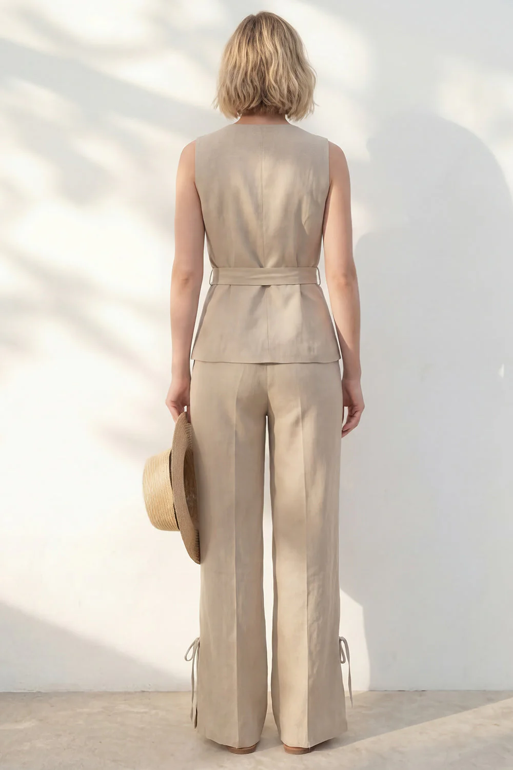 Khaki V-Neck Slim Fit Women Suit with Belt - Image 2