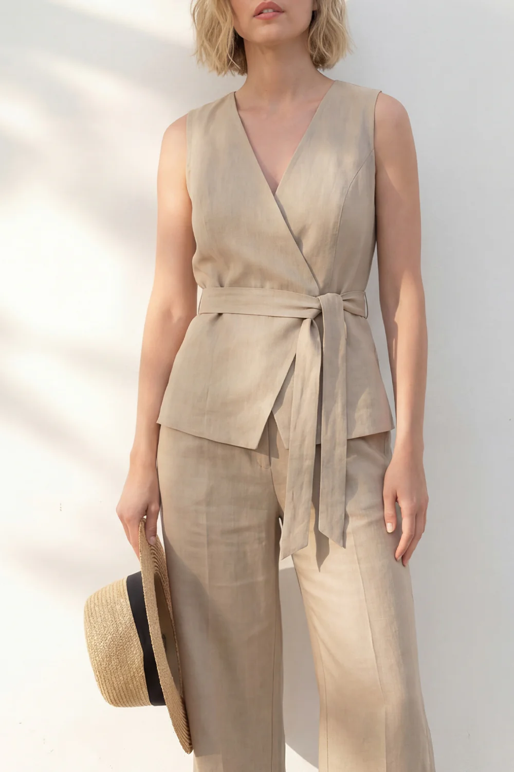 Khaki V-Neck Slim Fit Women Suit with Belt - Image 3