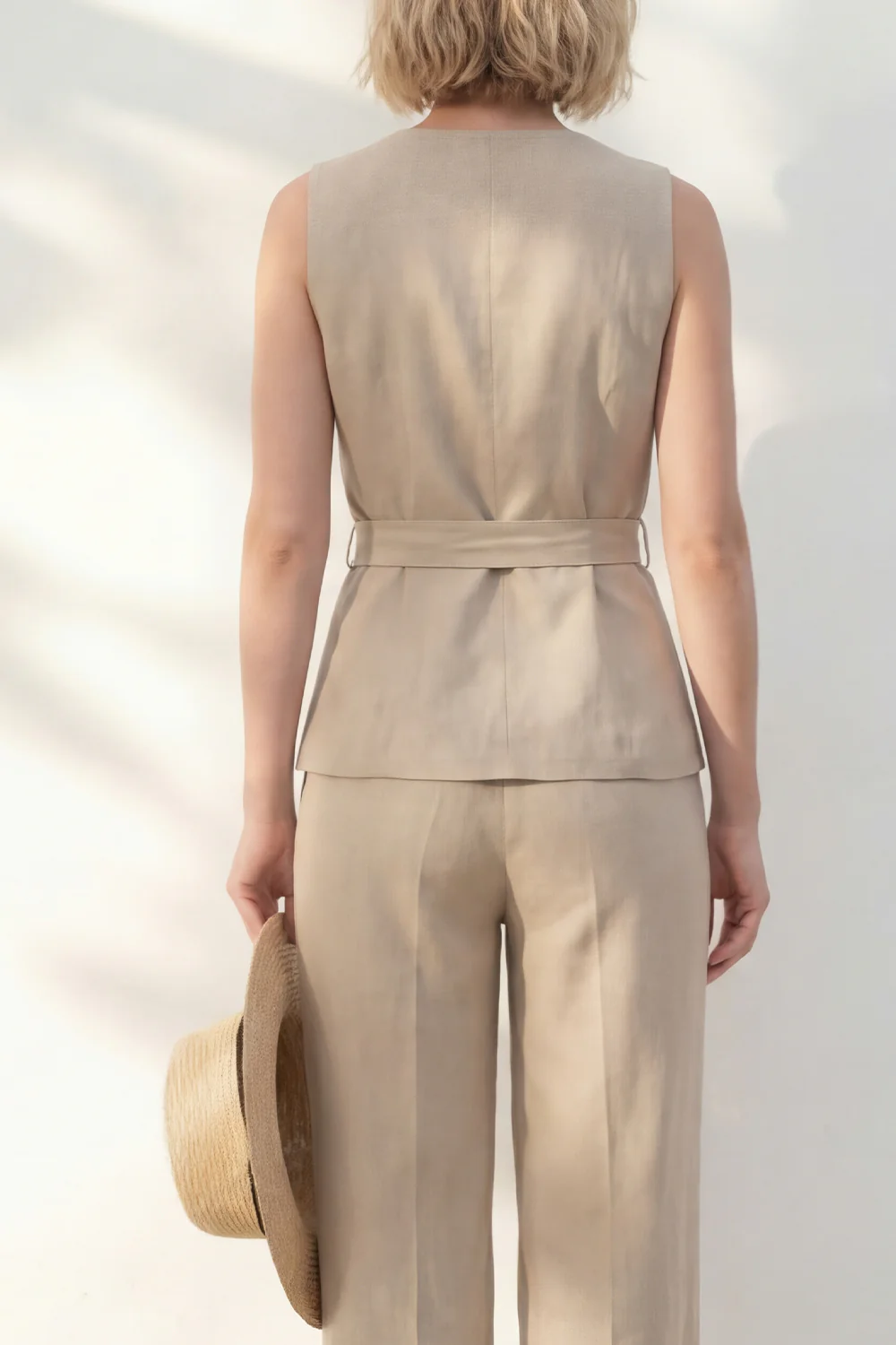 Khaki V-Neck Slim Fit Women Suit with Belt - Image 4