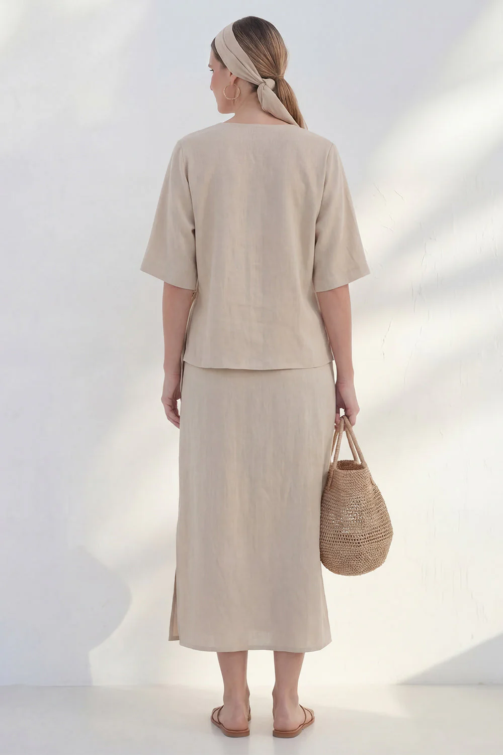 Khaki V-Neck Sheath Short Sleeves Midi Bow Work Dress with Slit - Image 2