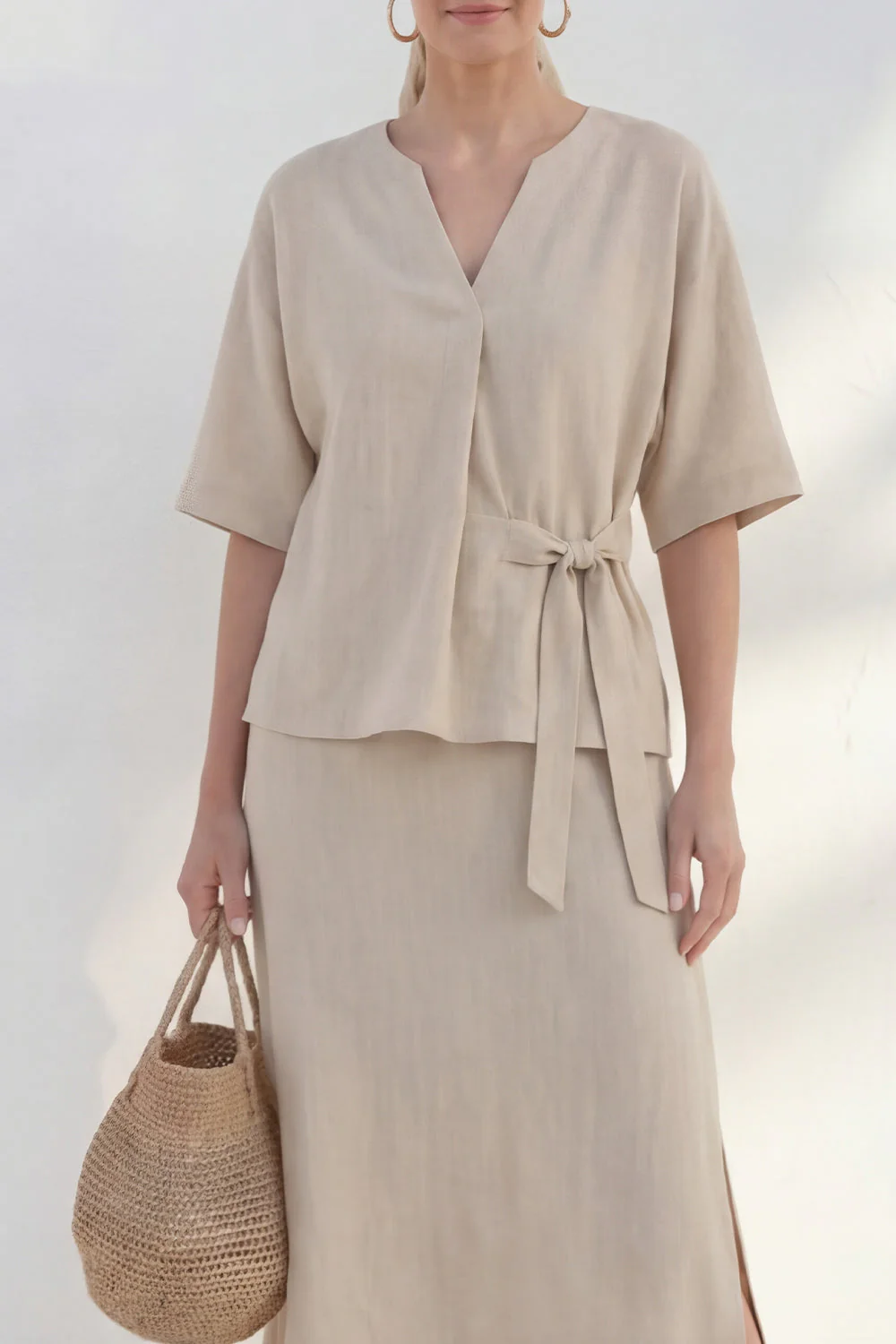 Khaki V-Neck Sheath Short Sleeves Midi Bow Work Dress with Slit - Image 3