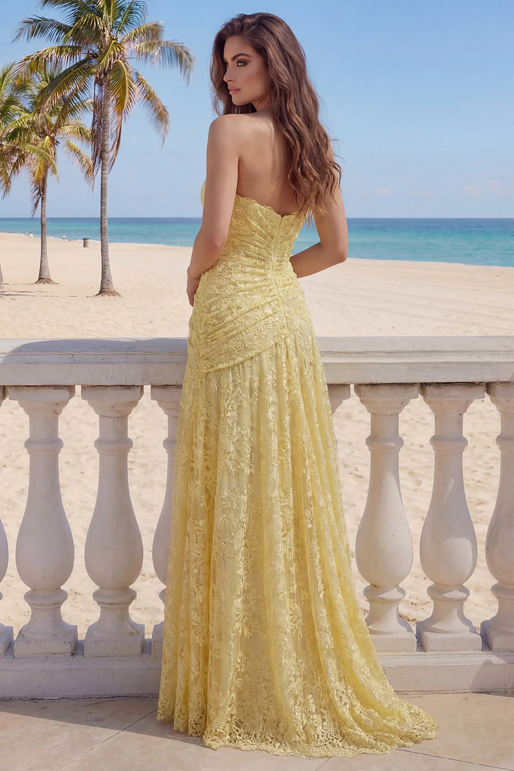 Lace Yellow A-Line Sweetheart Ruched Long Prom Dress - Image 2