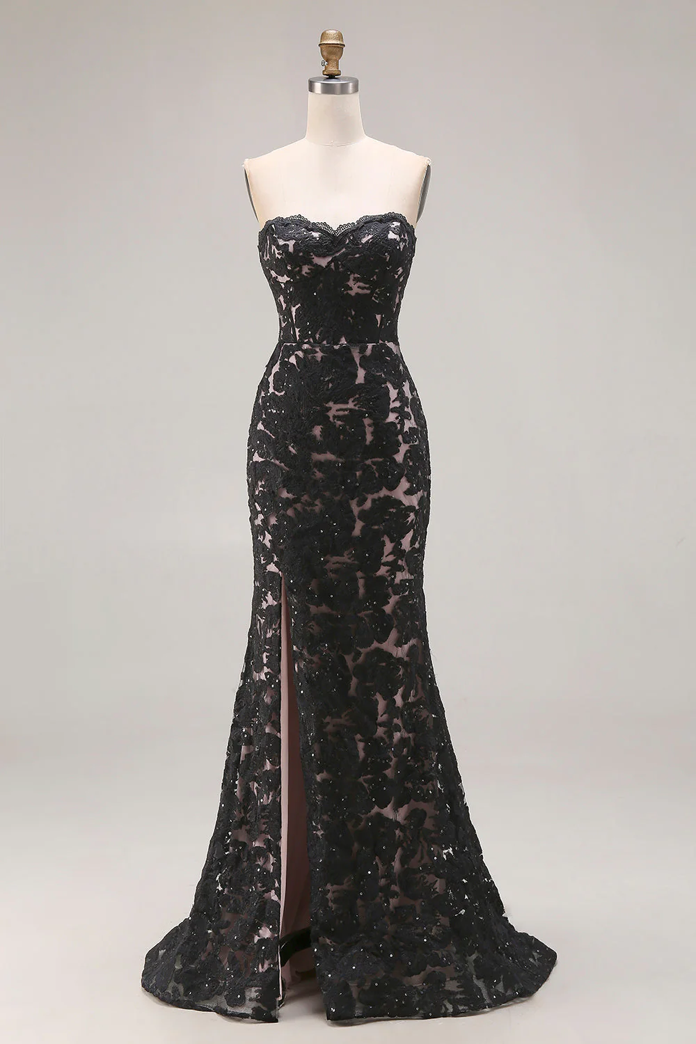 Black Lace Mermaid Sweetheart Lace Up Back Long Prom Dress with Slit