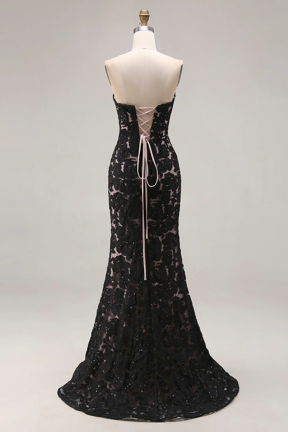 Black Lace Mermaid Sweetheart Lace Up Back Long Prom Dress with Slit - Image 2
