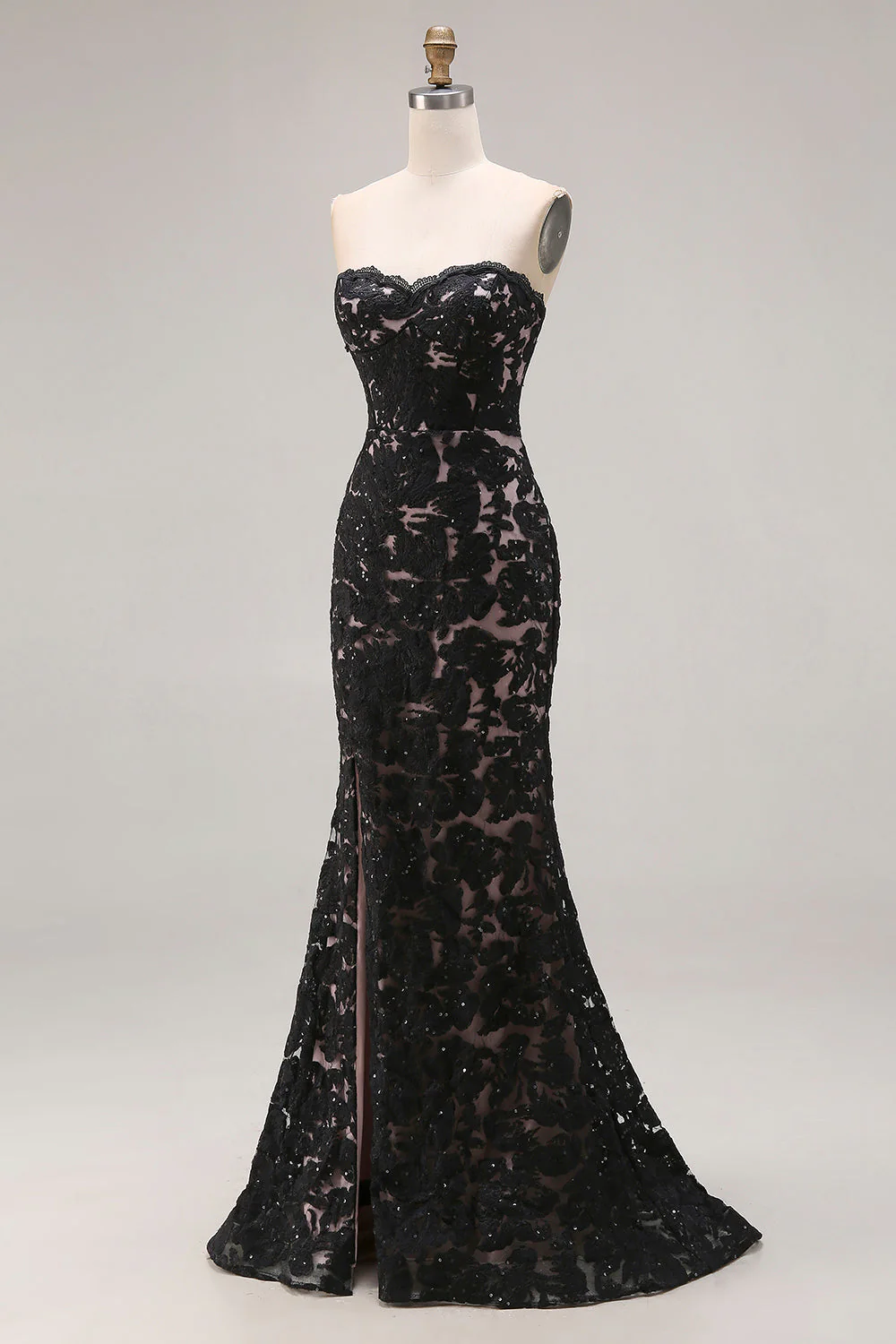 Black Lace Mermaid Sweetheart Lace Up Back Long Prom Dress with Slit - Image 3