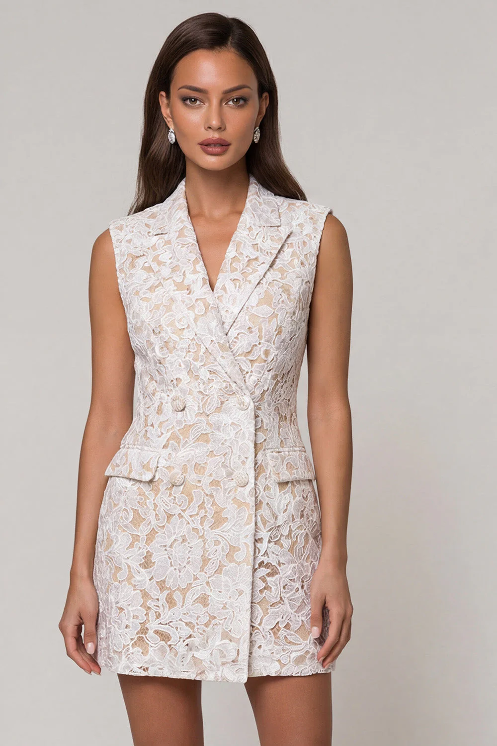 Lace Ivory Peaked Lapel Sheath Short Work Dress
