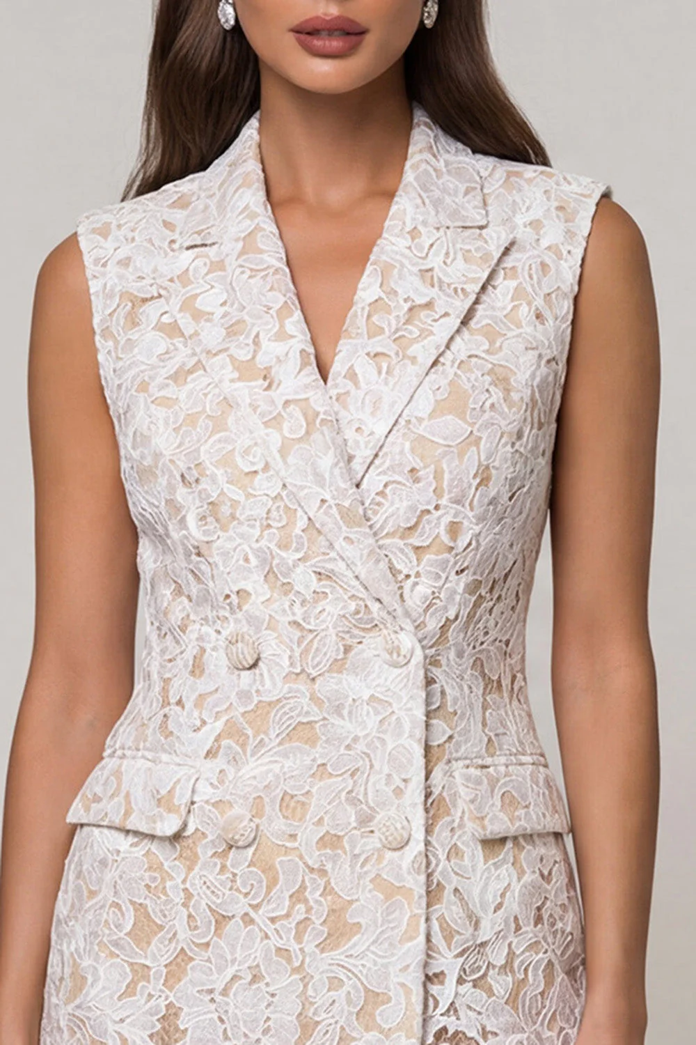 Lace Ivory Peaked Lapel Sheath Short Work Dress - Image 3