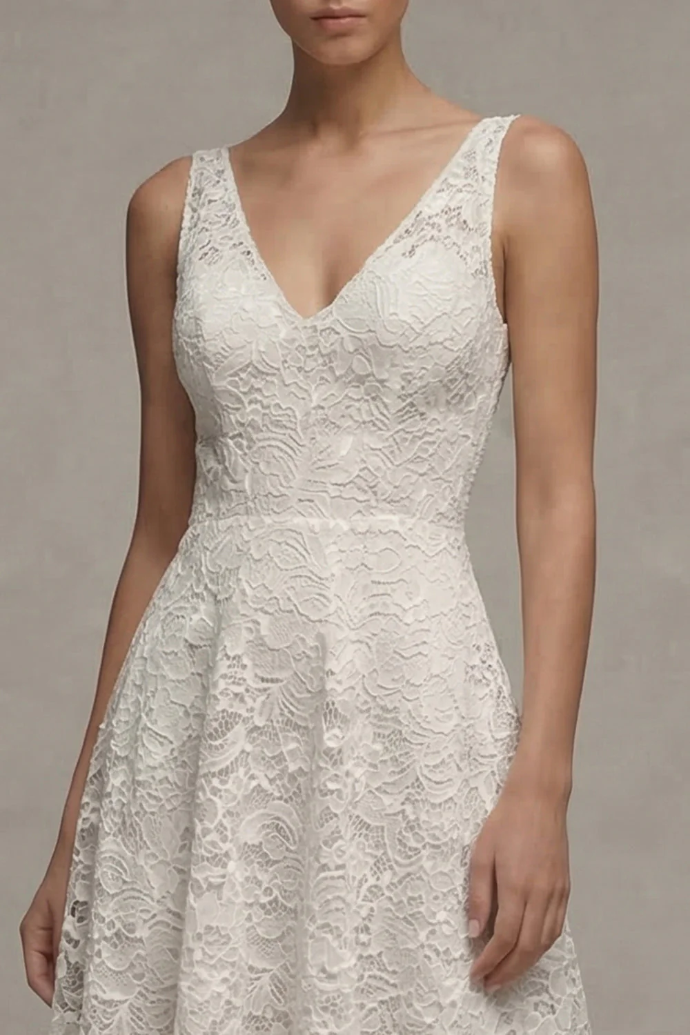 Lace Ivory V-Neck A Line Engagement Dress - Image 3