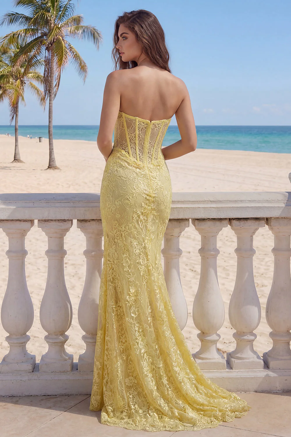 Yellow Sweetheart Lace Mermaid Corset Long Prom Dress with Slit - Image 2