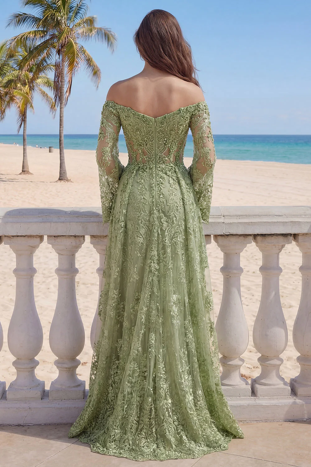 Sage Green A-Line Off the Shoulder Lace Beaded Long Prom Dress with Slit - Image 2