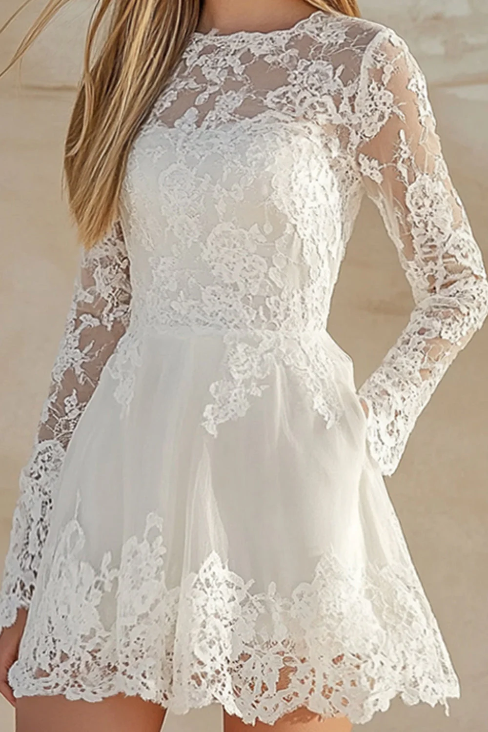 Lace Scoop Neck White A Line Long Sleeves Graduation Dress - Image 2