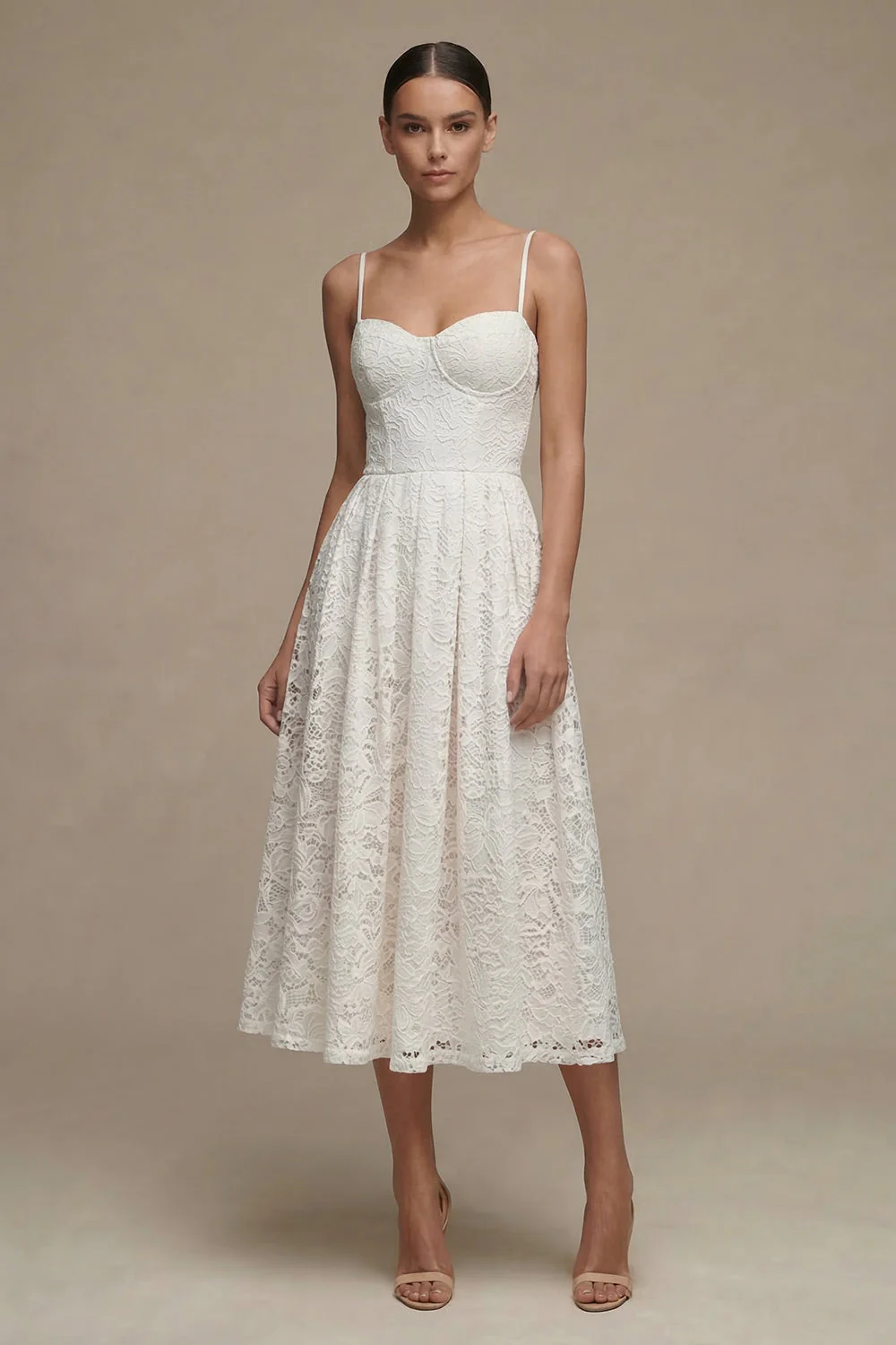 Lace White Spaghetti Straps A Line Midi Engagement Dress