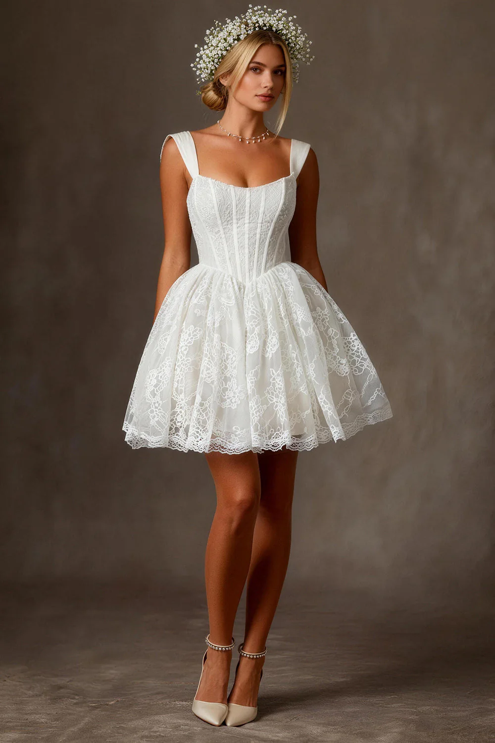 Lace White Square Neck Corset Mini Graduation