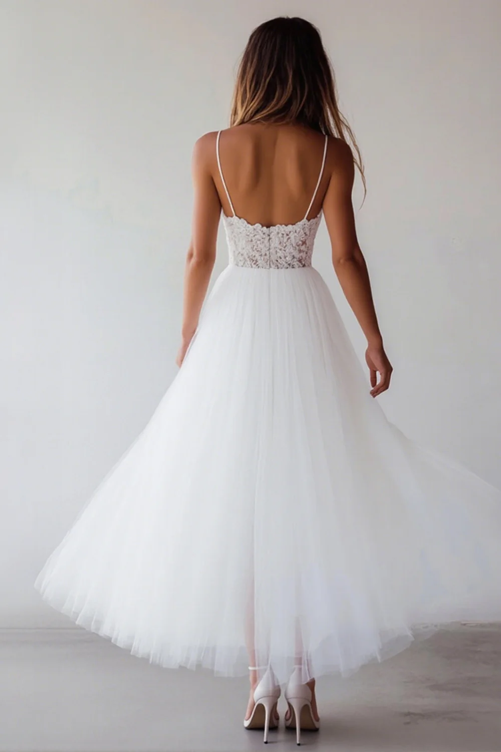 Lace White Tulle A Line Tea Length Graduation Dress - Image 2