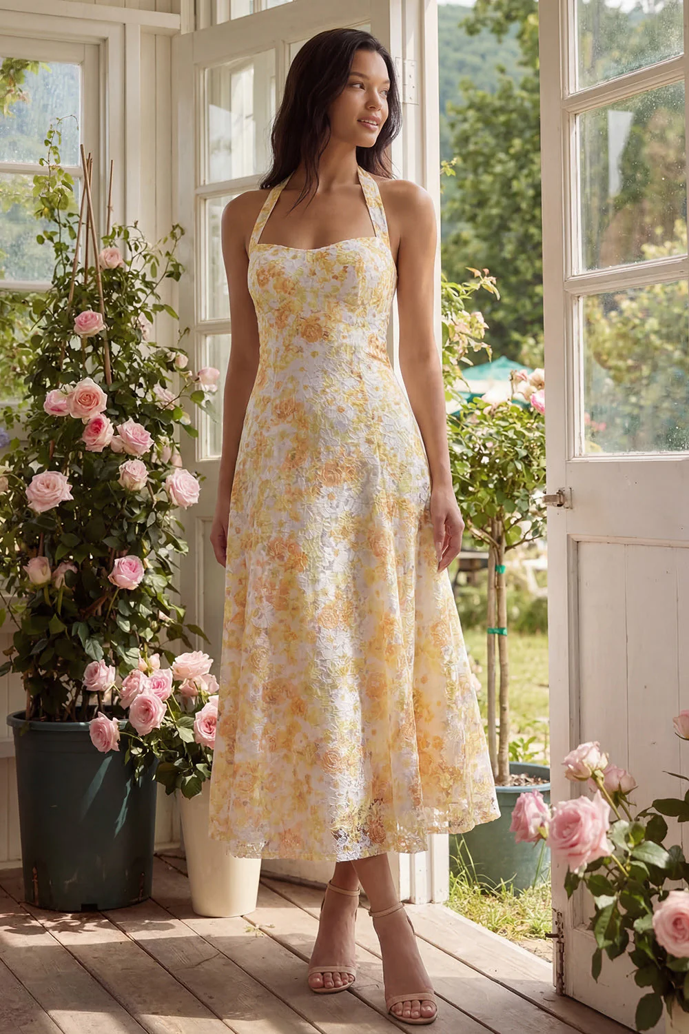 Lace Yellow Halter Neck Sheath Midi Floral with Bow - Image 2
