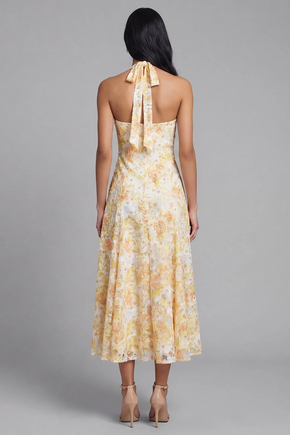 Lace Yellow Halter Neck Sheath Midi Floral with Bow - Image 3