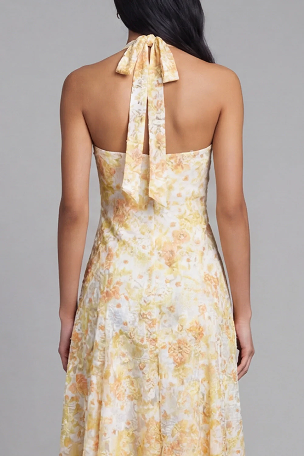 Lace Yellow Halter Neck Sheath Midi Floral with Bow - Image 5