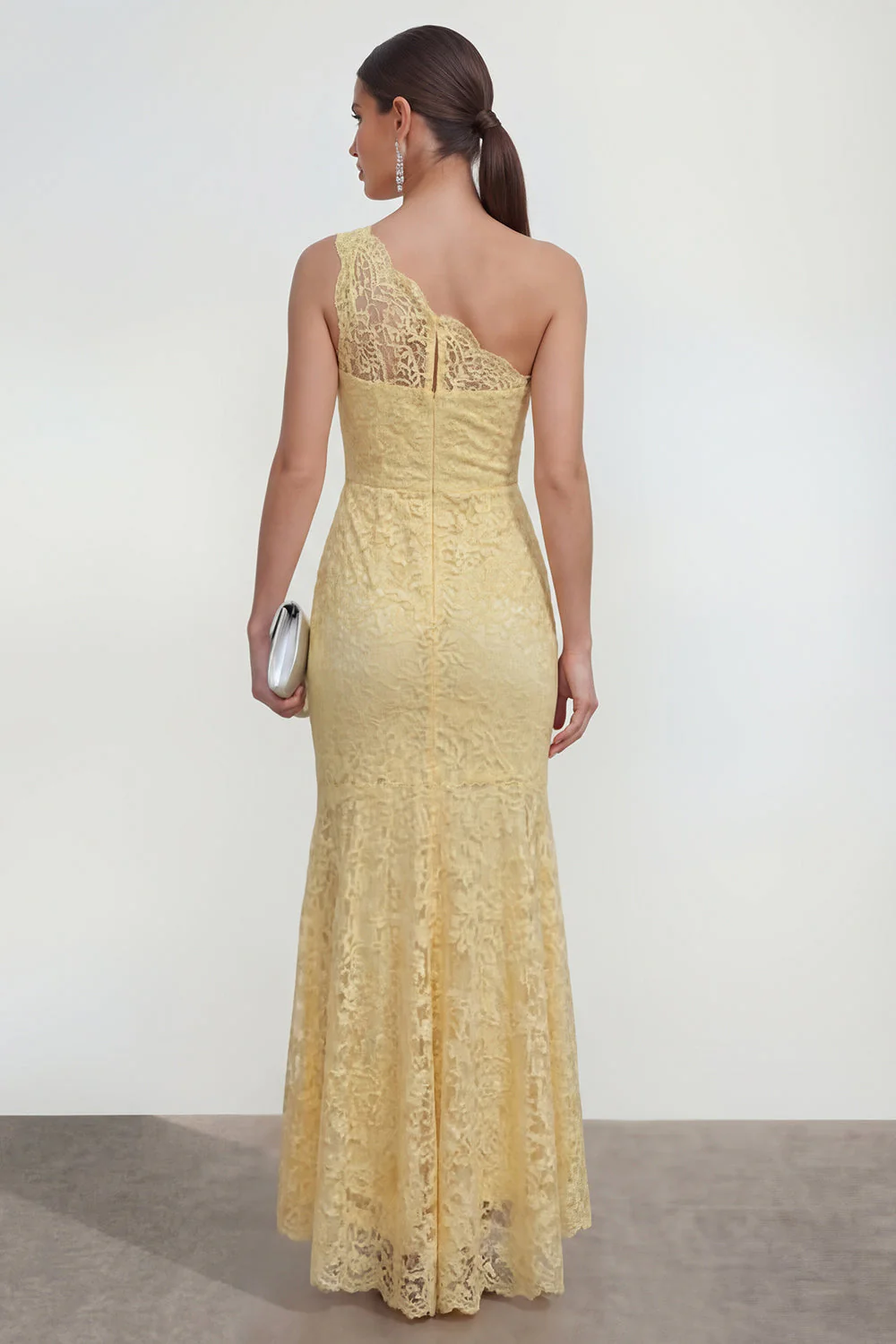 Lace Yellow One Shoulder Ruched Mermaid Long Dress - Image 2