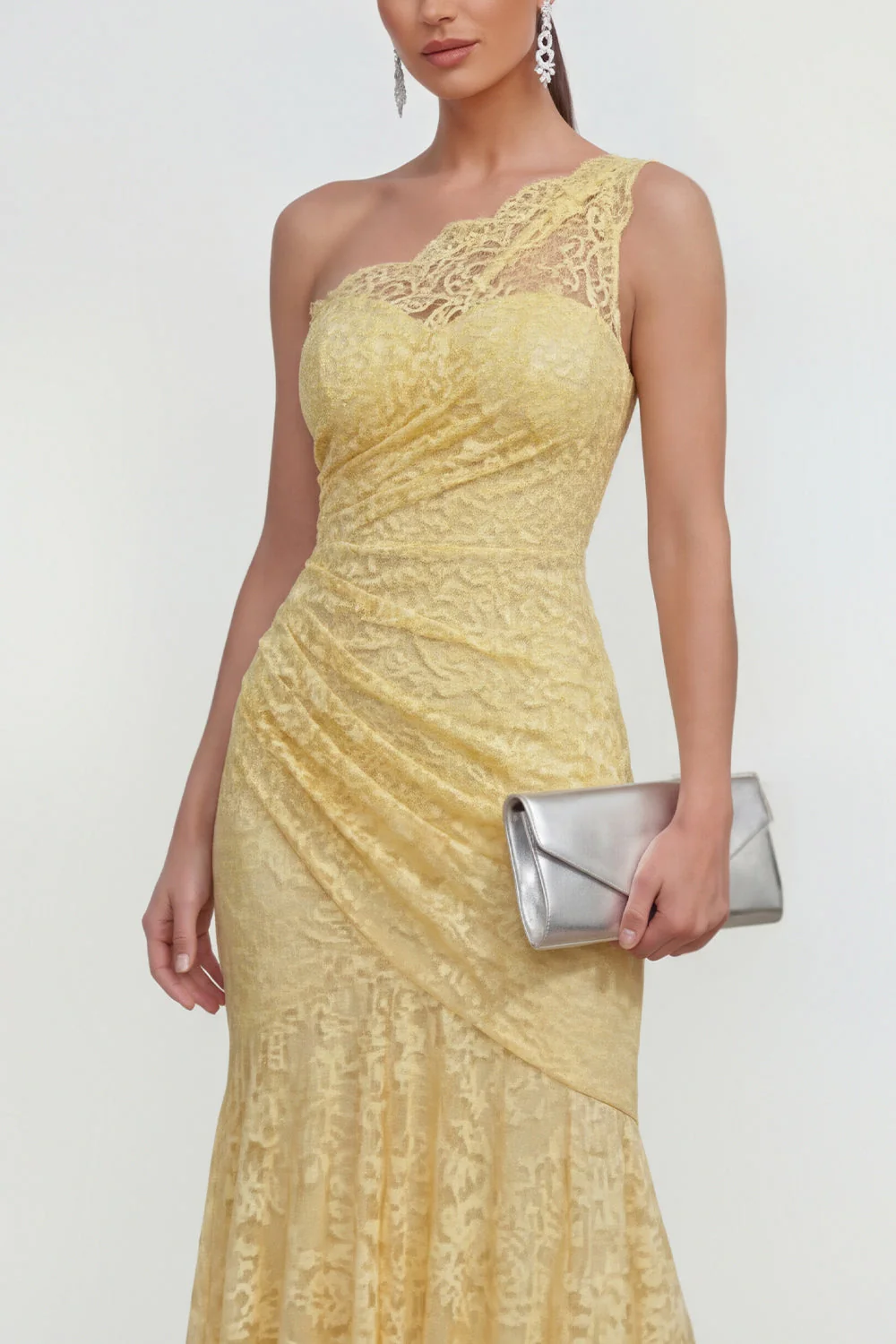 Lace Yellow One Shoulder Ruched Mermaid Long Dress - Image 3