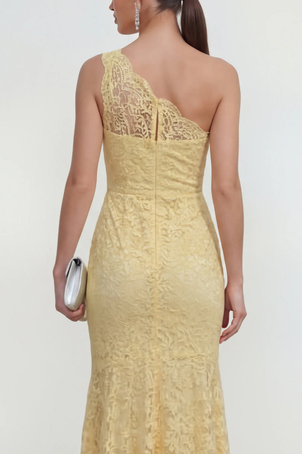 Lace Yellow One Shoulder Ruched Mermaid Long Dress - Image 4