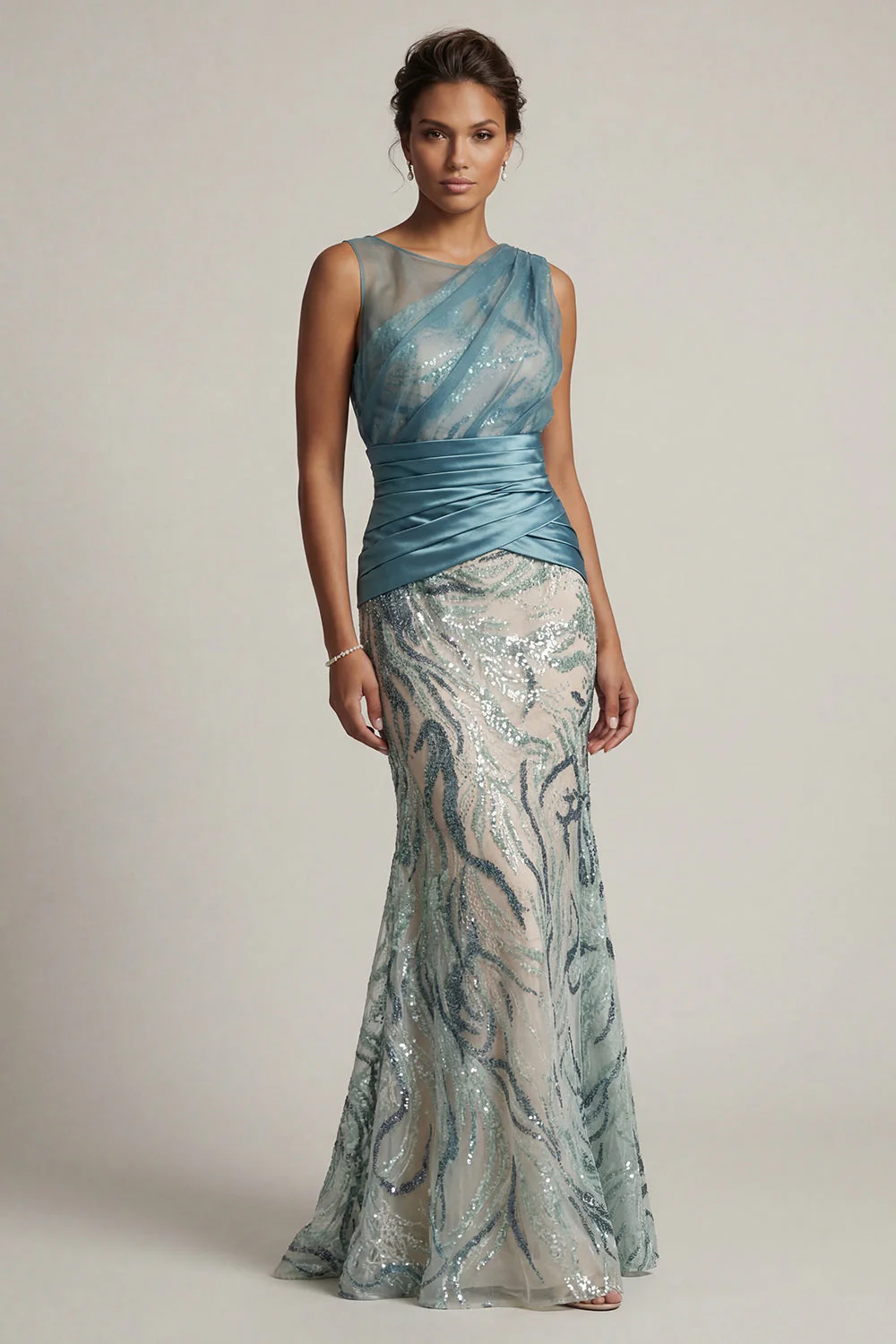 Lake Blue Sequin Mermaid Ruched Mother Of the Bride Dress