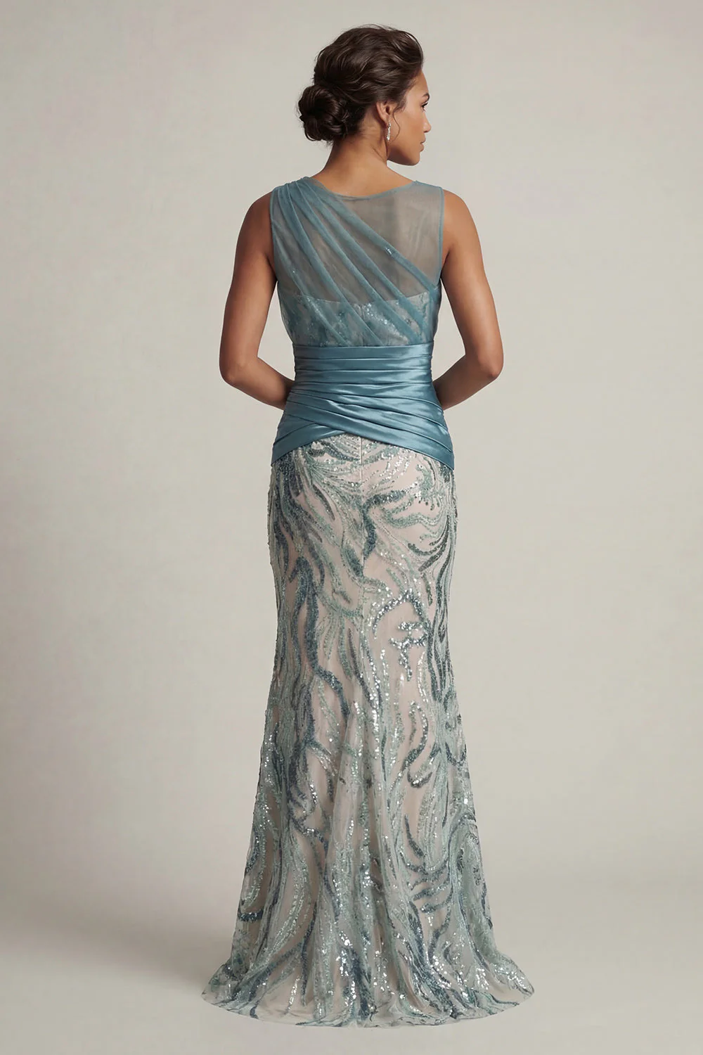 Lake Blue Sequin Mermaid Ruched Mother Of the Bride Dress - Image 2