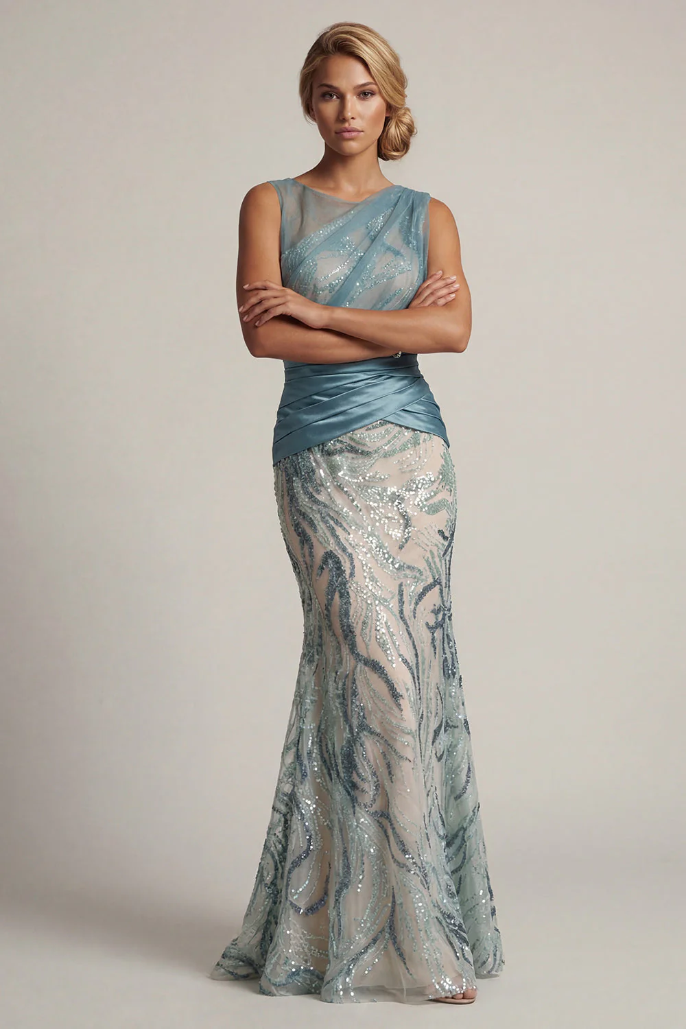 Lake Blue Sequin Mermaid Ruched Mother Of the Bride Dress - Image 3