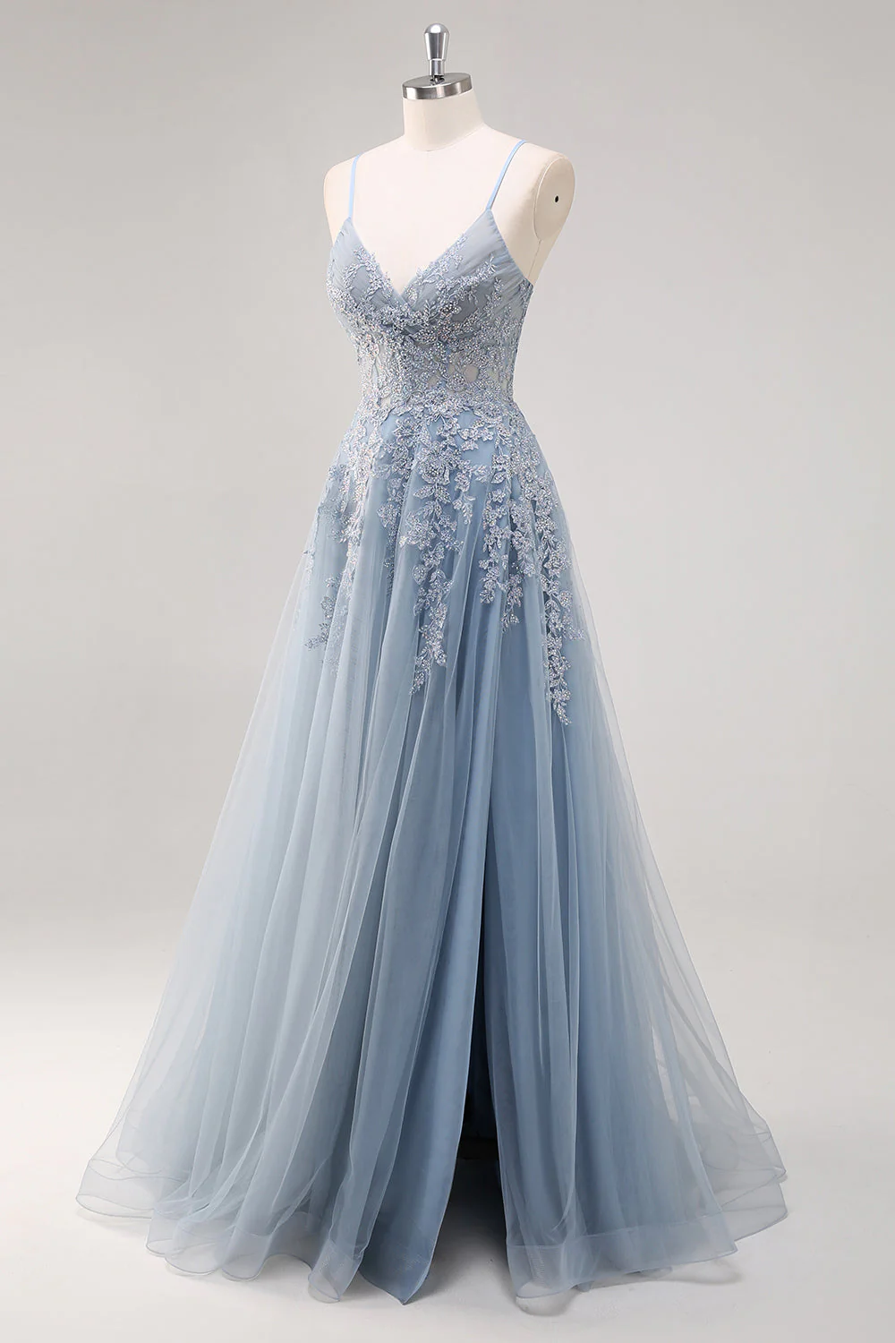 Lavender A Line Spaghetti Straps Tulle Beaded Long Prom Dress with Slit - Image 10