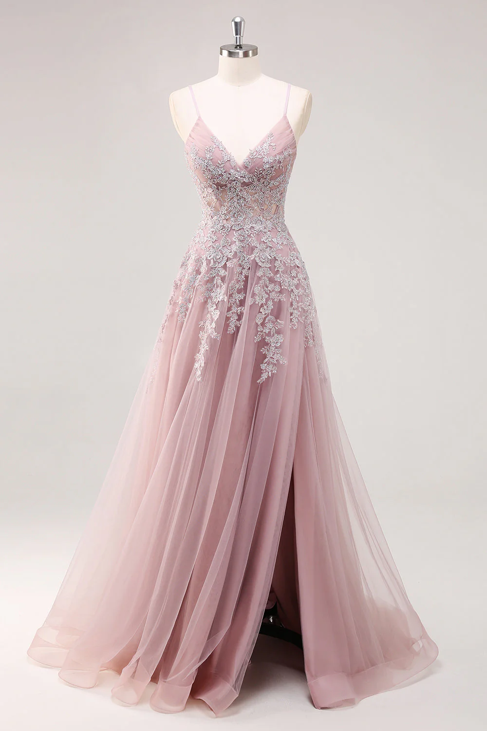 Lavender A Line Spaghetti Straps Tulle Beaded Long Prom Dress with Slit - Image 11