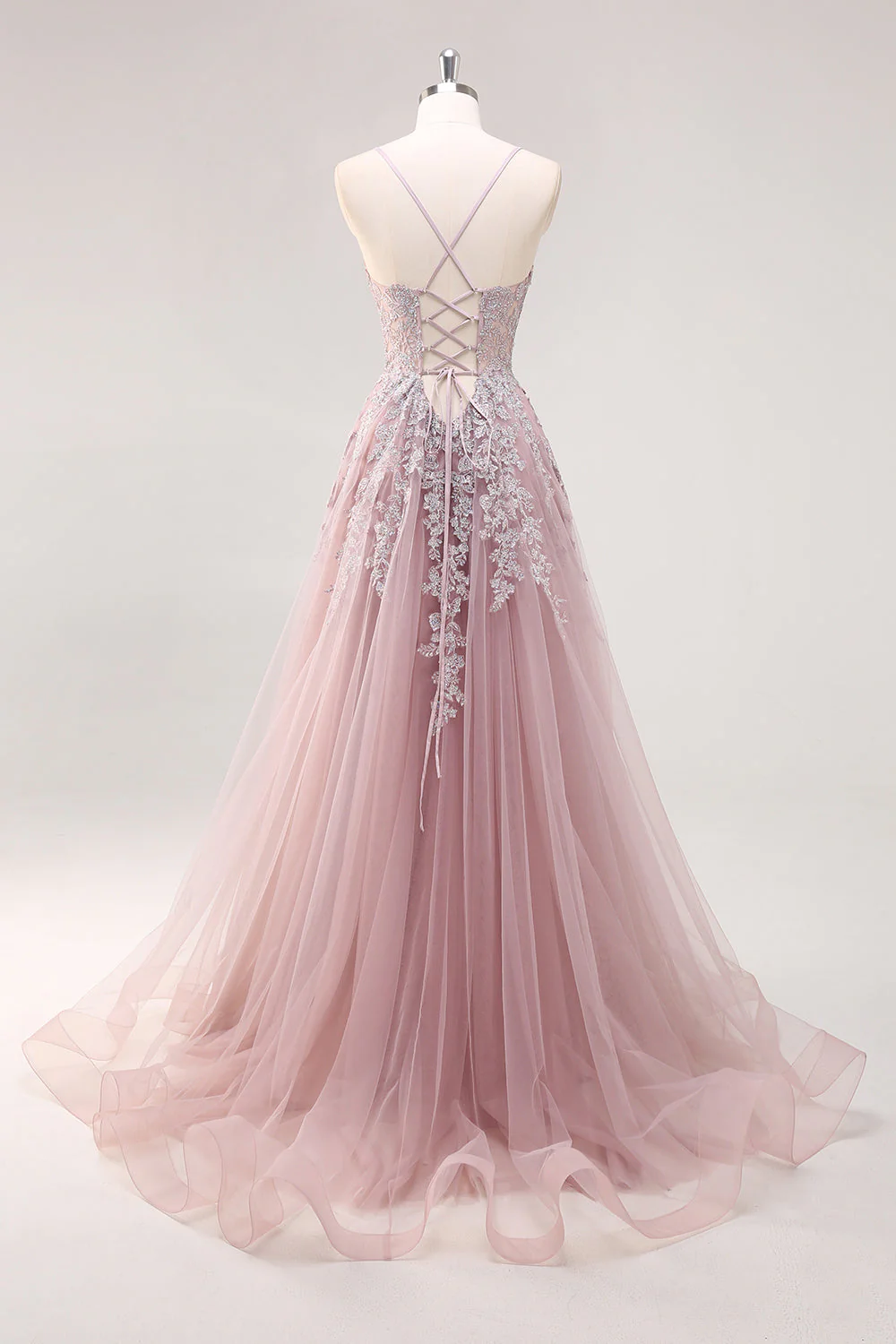 Lavender A Line Spaghetti Straps Tulle Beaded Long Prom Dress with Slit - Image 12