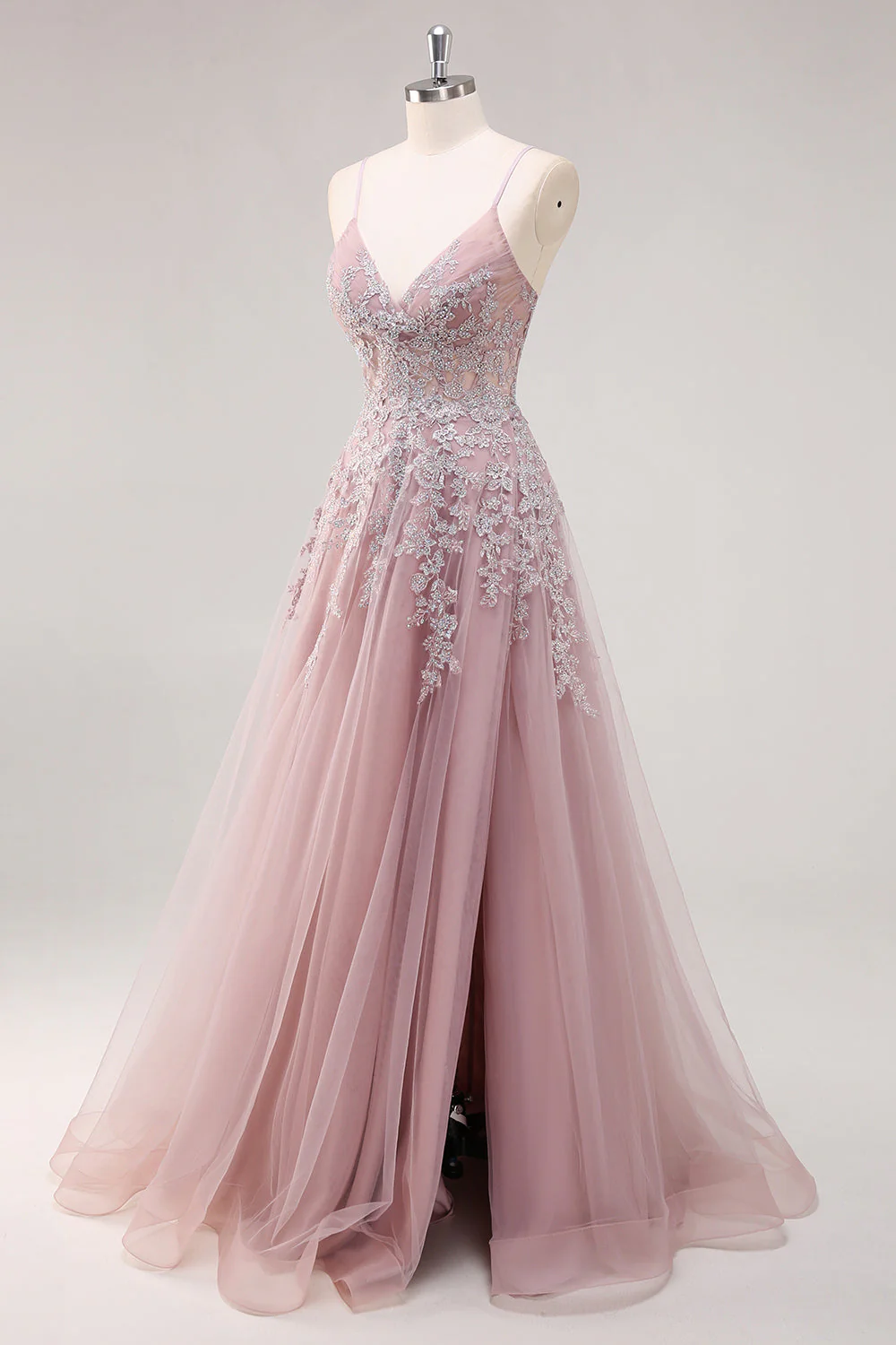 Lavender A Line Spaghetti Straps Tulle Beaded Long Prom Dress with Slit - Image 13