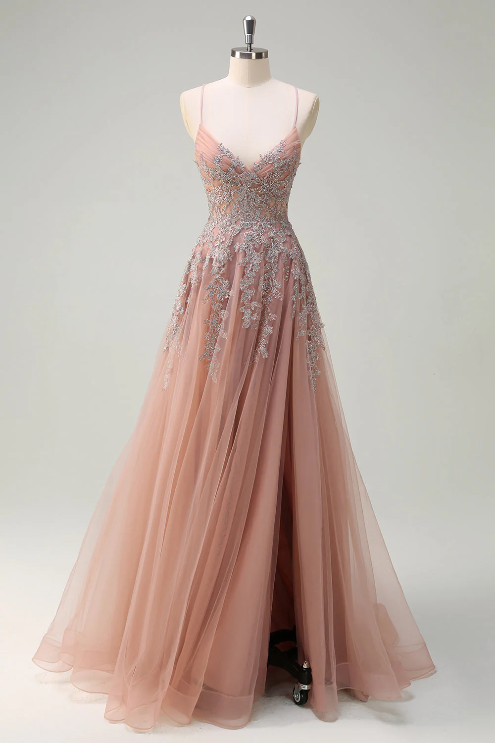 Lavender A Line Spaghetti Straps Tulle Beaded Long Prom Dress with Slit - Image 14
