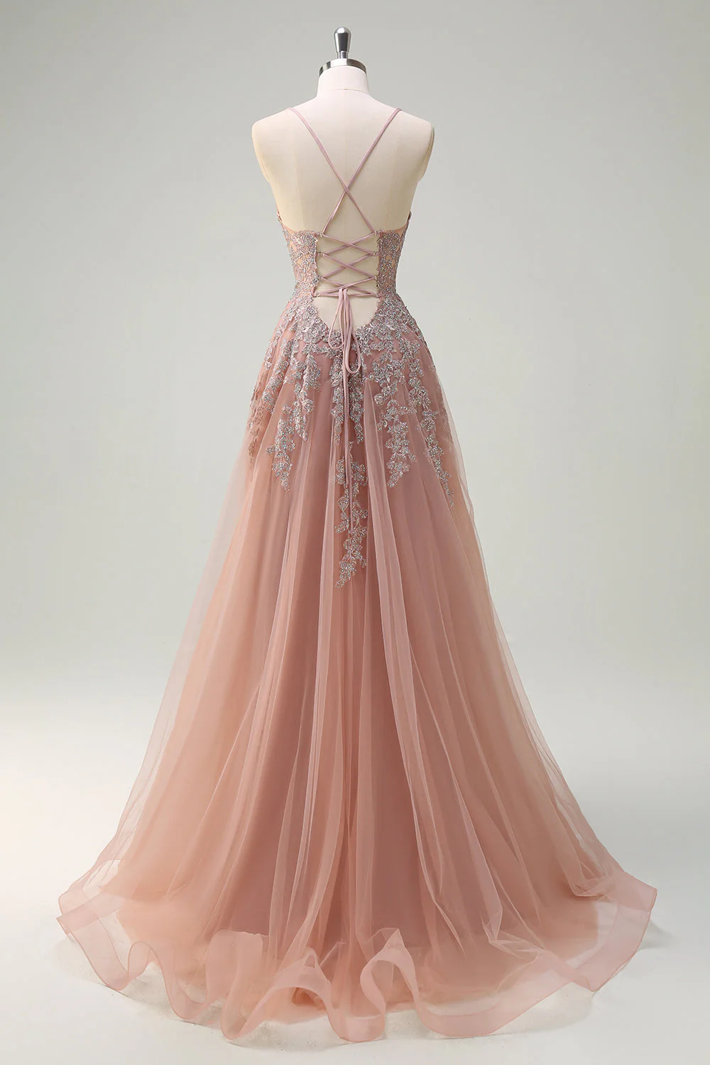 Lavender A Line Spaghetti Straps Tulle Beaded Long Prom Dress with Slit - Image 15