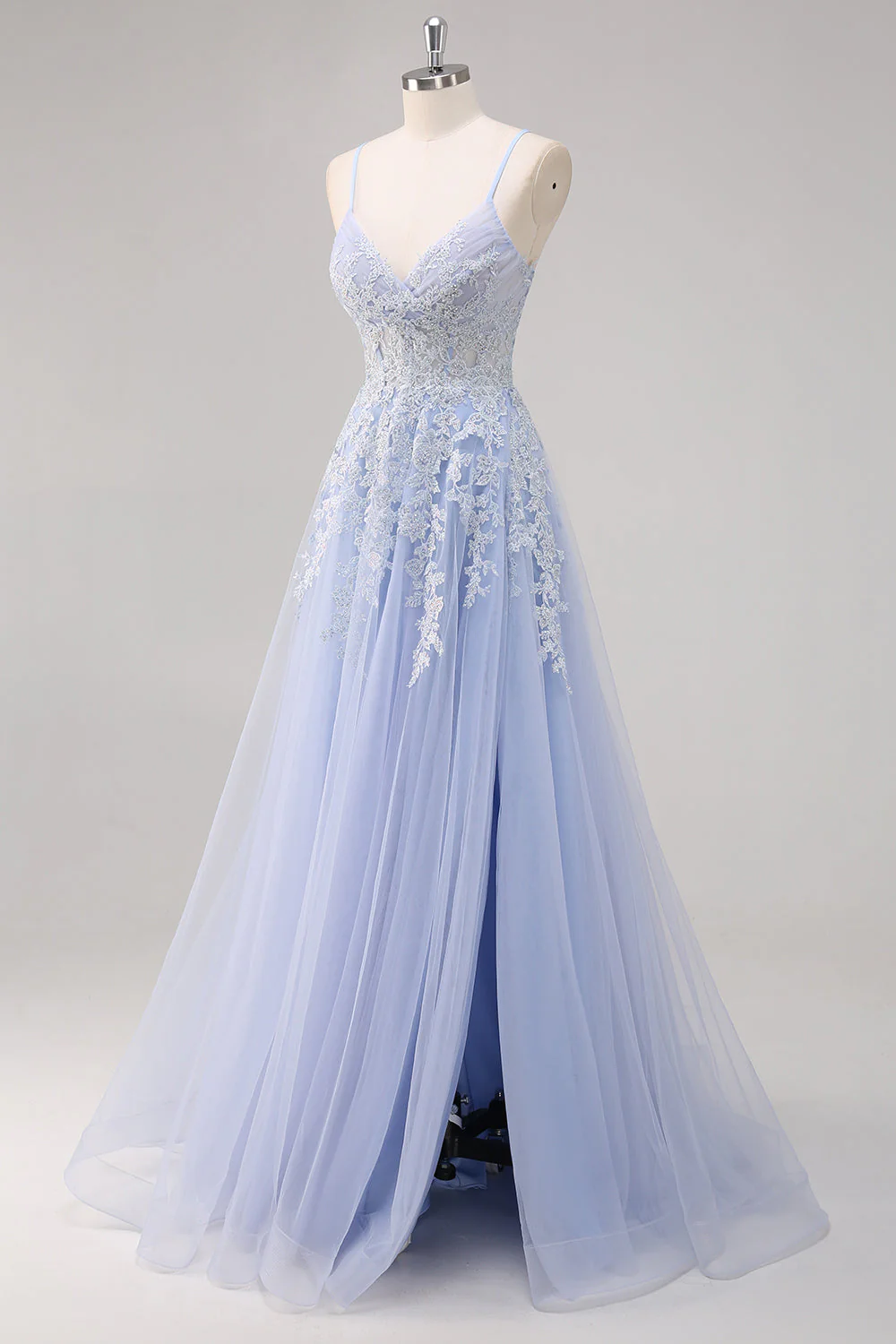 Lavender A Line Spaghetti Straps Tulle Beaded Long Prom Dress with Slit - Image 3