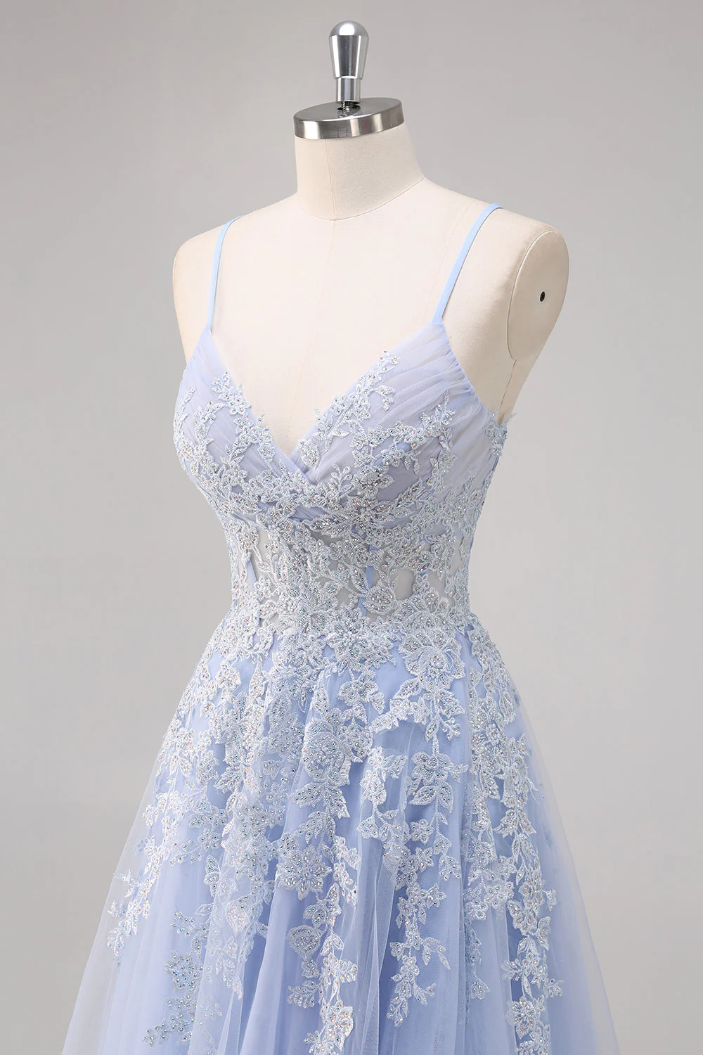 Lavender A Line Spaghetti Straps Tulle Beaded Long Prom Dress with Slit - Image 4