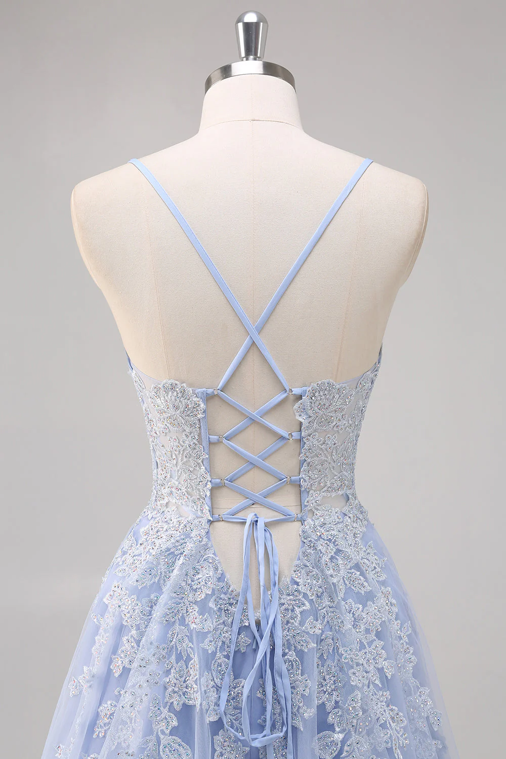 Lavender A Line Spaghetti Straps Tulle Beaded Long Prom Dress with Slit - Image 5