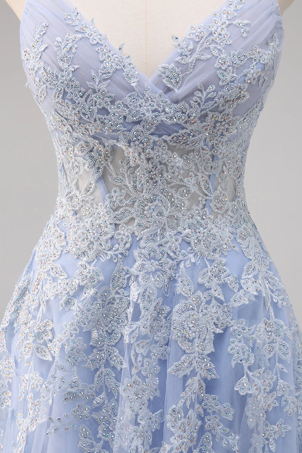 Lavender A Line Spaghetti Straps Tulle Beaded Long Prom Dress with Slit - Image 7