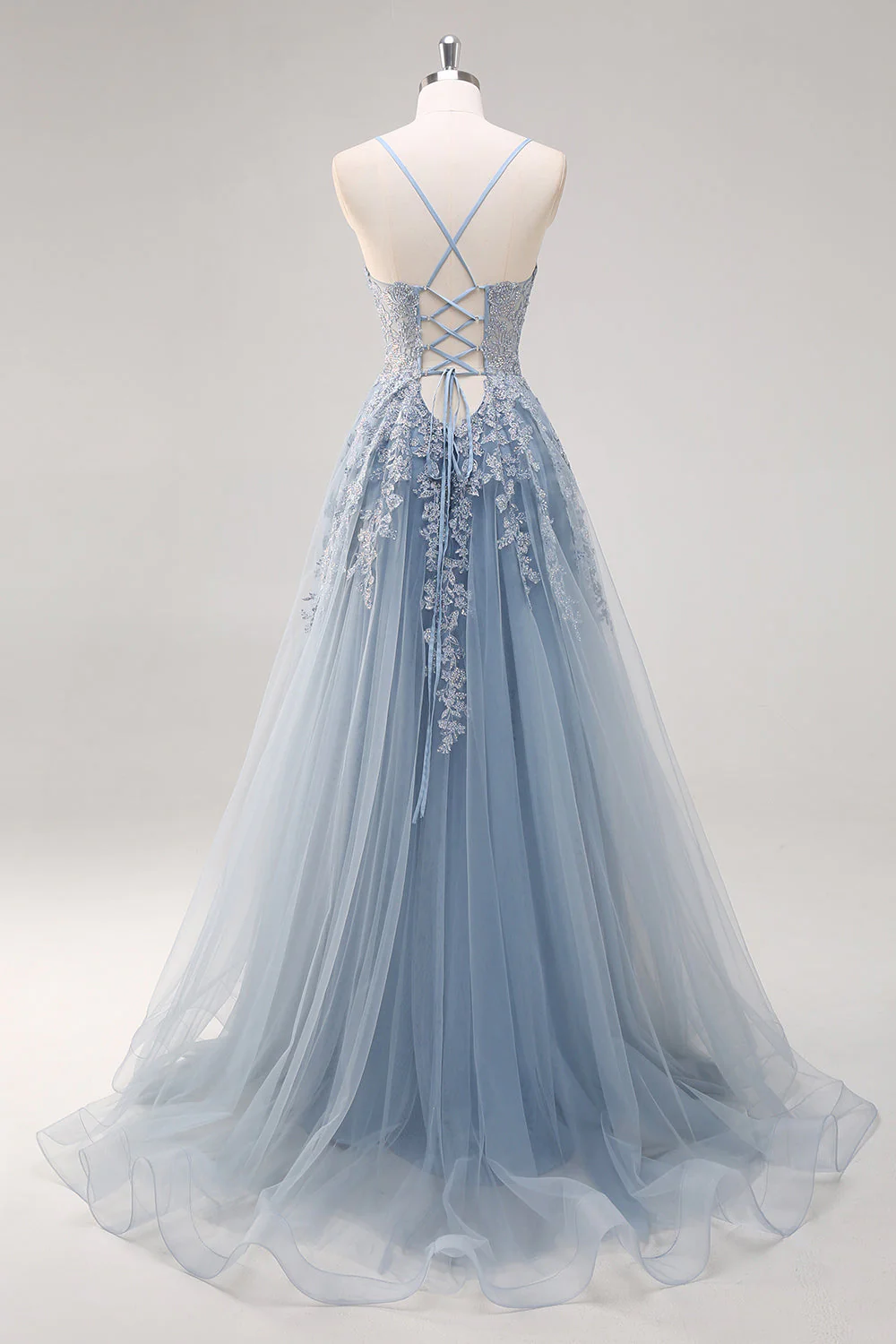 Lavender A Line Spaghetti Straps Tulle Beaded Long Prom Dress with Slit - Image 9