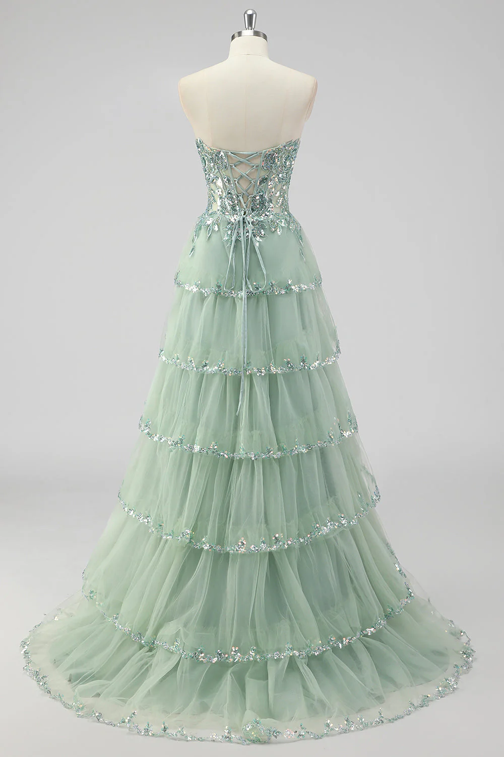 Lavender A Line Strapless Sequins Corset Tiered Prom Dress with Slit - Image 10