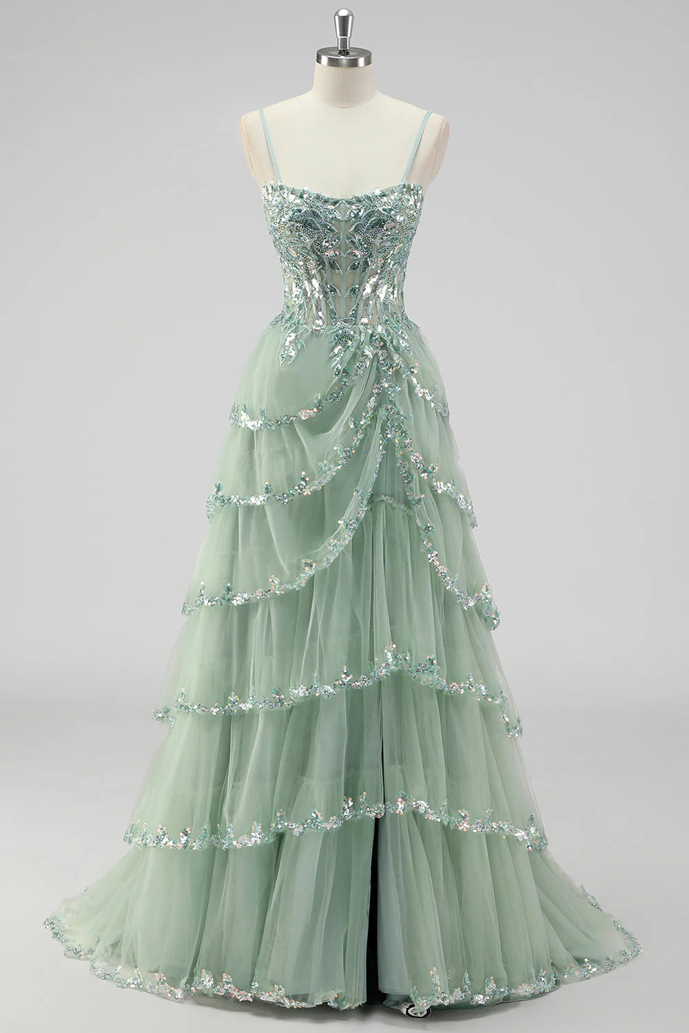 Lavender A Line Strapless Sequins Corset Tiered Prom Dress with Slit - Image 12