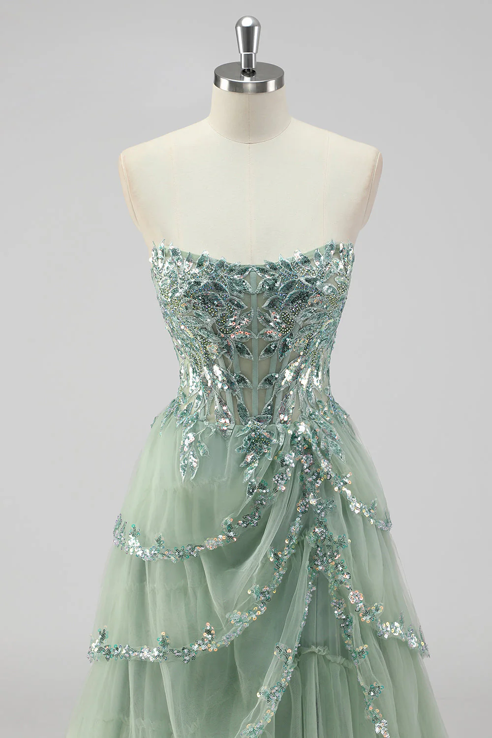 Lavender A Line Strapless Sequins Corset Tiered Prom Dress with Slit - Image 14