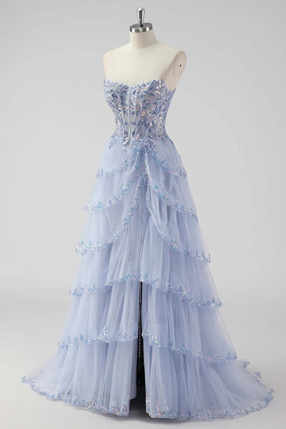Lavender A Line Strapless Sequins Corset Tiered Prom Dress with Slit - Image 5