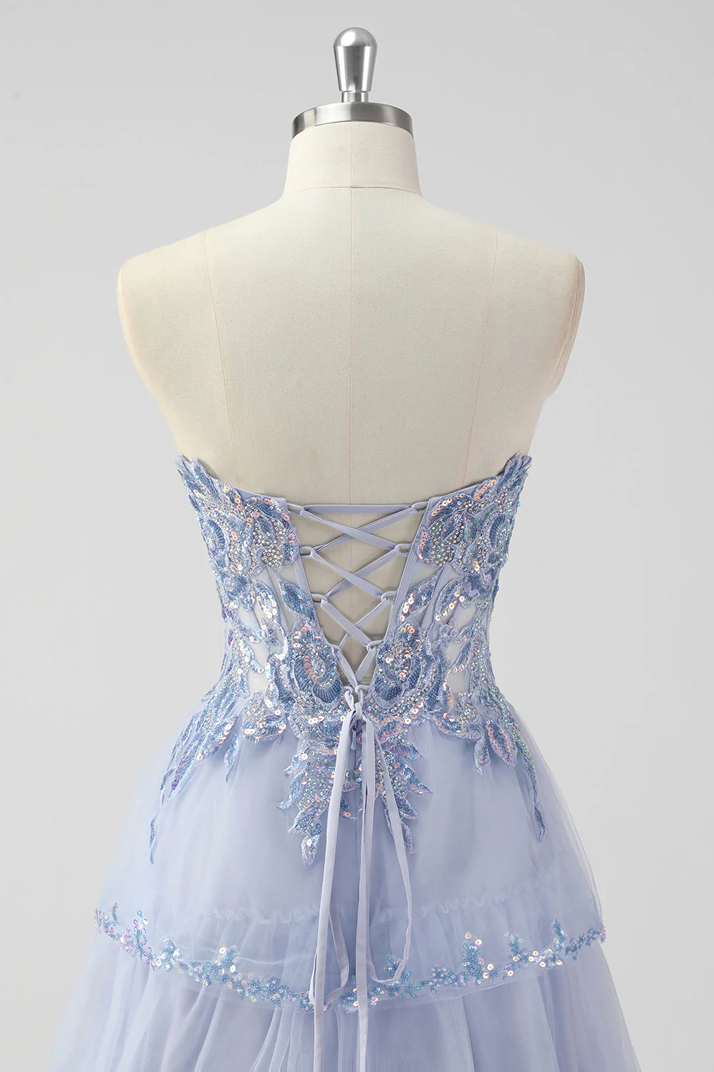 Lavender A Line Strapless Sequins Corset Tiered Prom Dress with Slit - Image 7