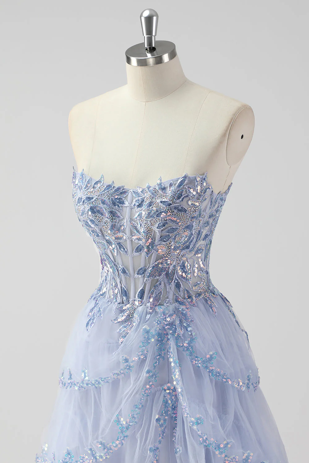 Lavender A Line Strapless Sequins Corset Tiered Prom Dress with Slit - Image 8