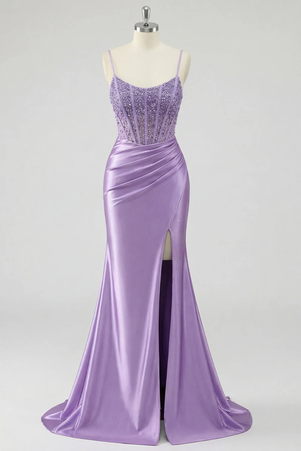 Lavender Corset Mermaid Sequin Lace Up Back Prom Dress with Slit - Image 6