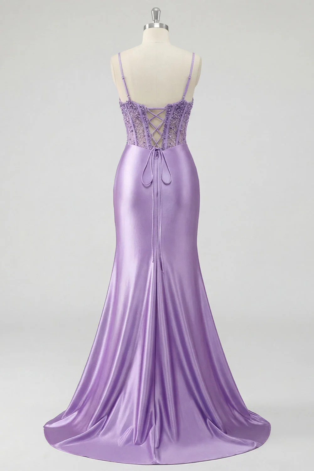 Lavender Corset Mermaid Sequin Lace Up Back Prom Dress with Slit - Image 7
