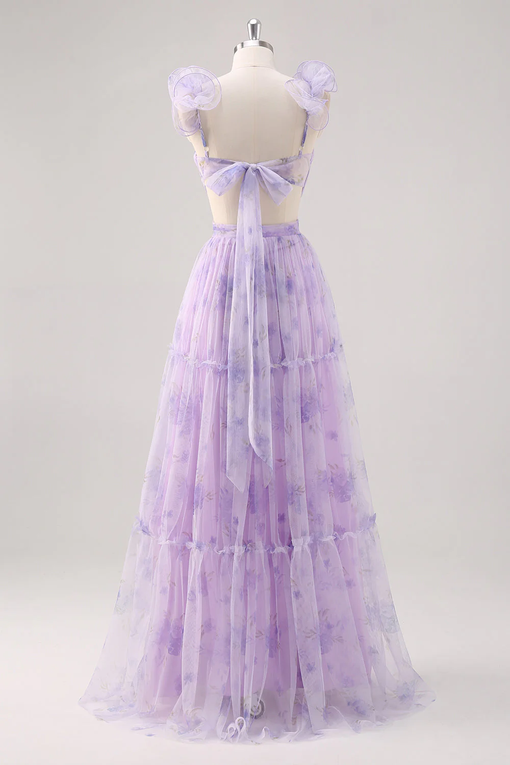Lavender Flower A Line Cut Out Pleated Long Bridesmaid Dress - Image 2
