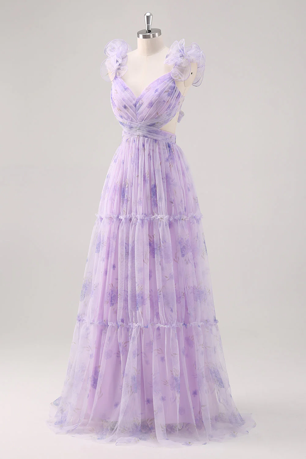 Lavender Flower A Line Cut Out Pleated Long Bridesmaid Dress - Image 3