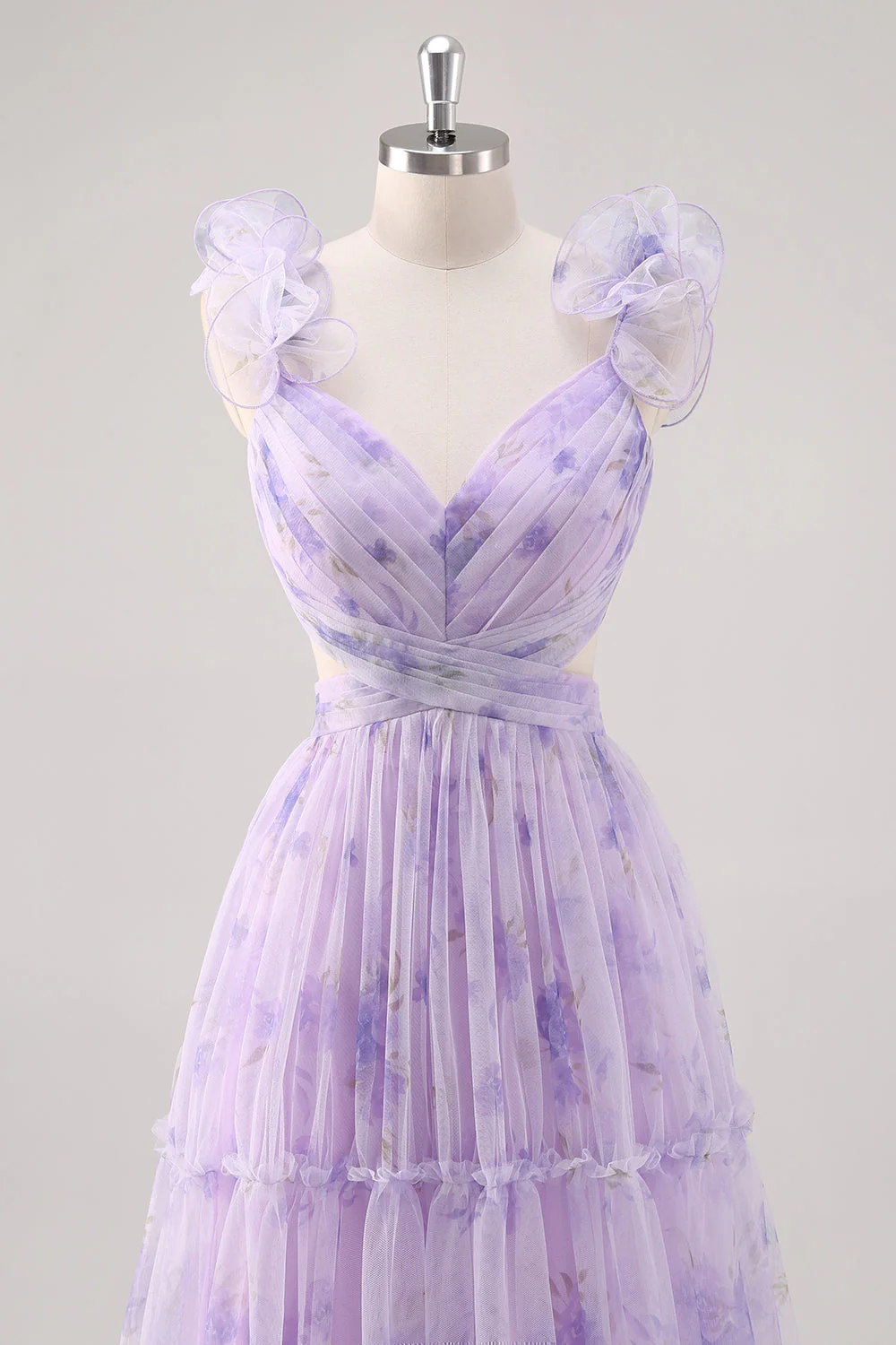 Lavender Flower A Line Cut Out Pleated Long Bridesmaid Dress - Image 4